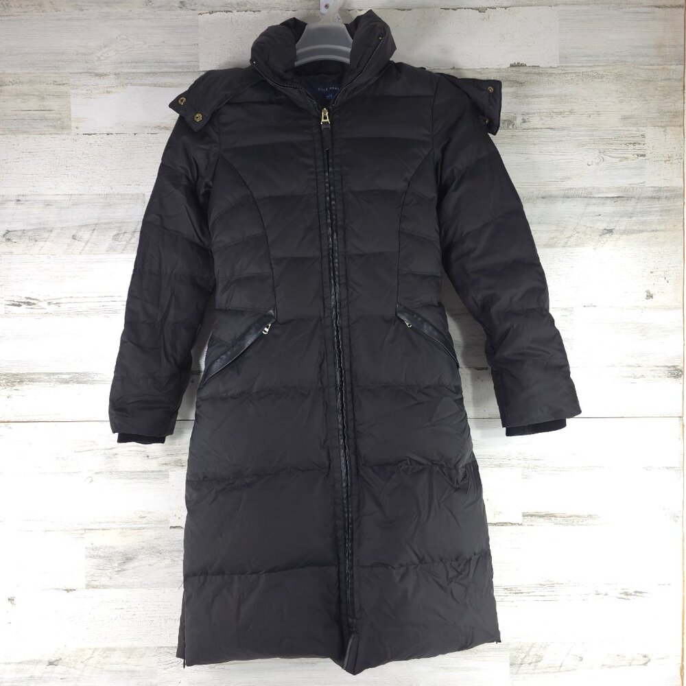COLE HAAN BLACK LONG JACKET WOMEN'S SIZE XS DOWN FUR TRIMMED REMOVABLE HOOD